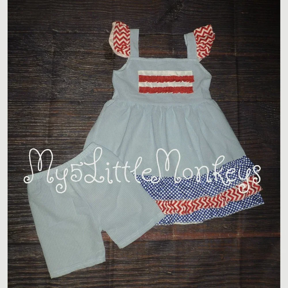 Boutique 4th of July Seersucker Tunic Dress Ruffle Shorts Girls Outfit Set